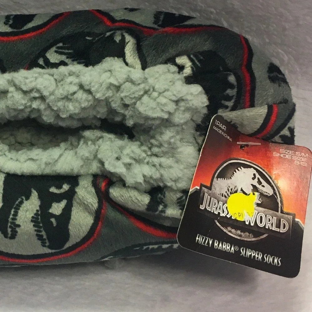 Jurassic World Slipper Socks Kids M/L 13/1 Grey New Fuzzy Babba Dinosaur Sherpa‎